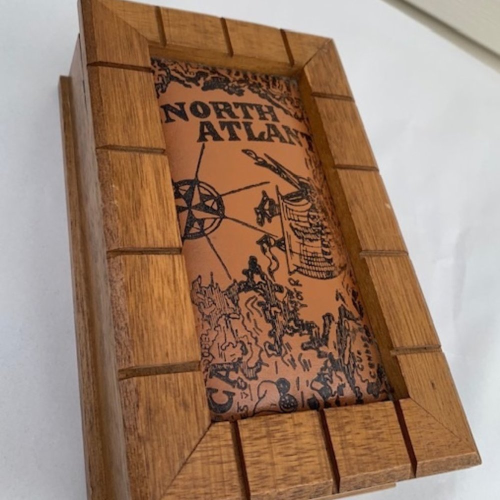 Vintage Nautical North Atlantic Map Pleather & Wood Jewelry Trinket Box